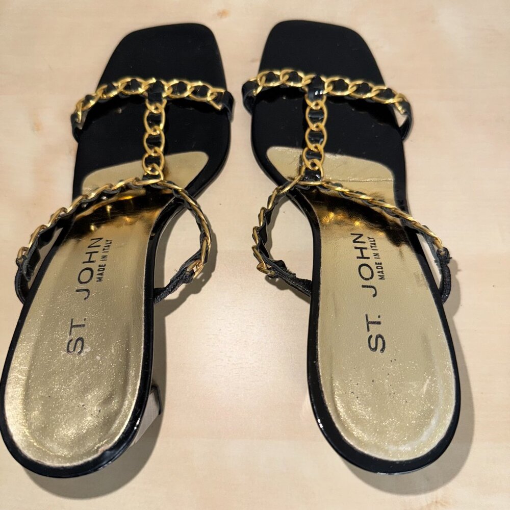 St. John Black Patent Leather Heel Sandals Size 8.5 M Catena Strappy Gold Chain - Picture 3 of 16